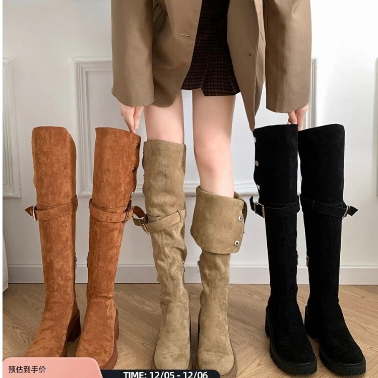 甘辛MIX 65cm ヒールニーハイブーツロングブーツ 靴 美脚 脚長 色っぽ 女っぽローヒールカジュアルフェイクきれいめ 大人っぽ 上品 ウエスタンブーツ Pエコゆったり フェミニン