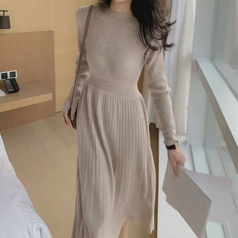 2024 女性用ルーズコートと膝上ニットミディドレス付きコアスパンヤーン