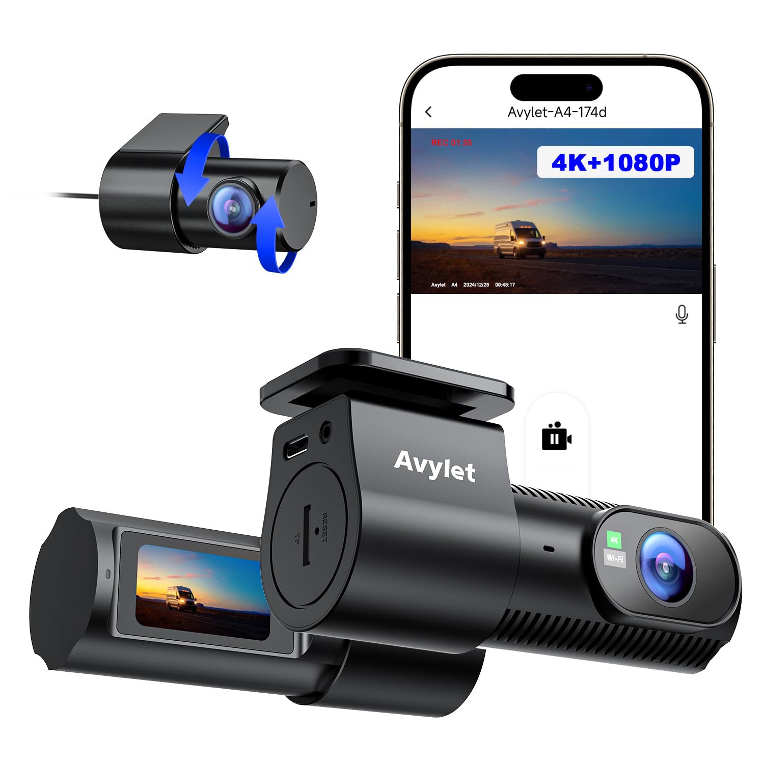 Avylet ドライブレコーダー 前後カメラ 4Kフロント 1080Pリア WiFi付き スマホ連携 外付けGPSモジュール対応 自動常時録画 Ｇセンサー 衝撃録画 24時間駐車監視 暗視機能 WDR