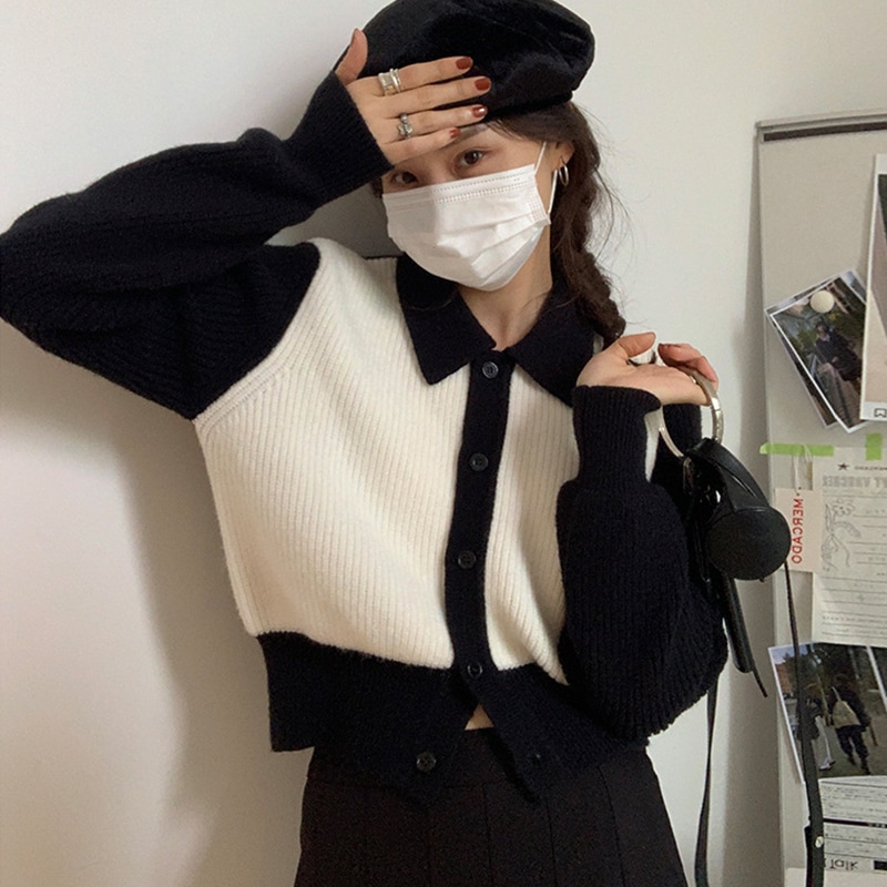 コントラストカラーカーディガン トップス カーディガン ショート ショート丈 袖あり 長袖 襟付き 5,003円