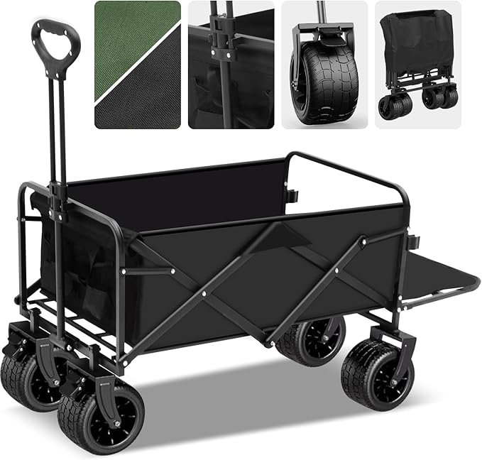 大容量230L 耐荷重200KG キャリーワゴン キャリーカート キャンプカート 長物対応 取り外し可能タイヤ 大型タイヤ ブレーキ付き 折りたたみ ワンタッチ収束式 キャンプ用品 荷物運び 軽量 大