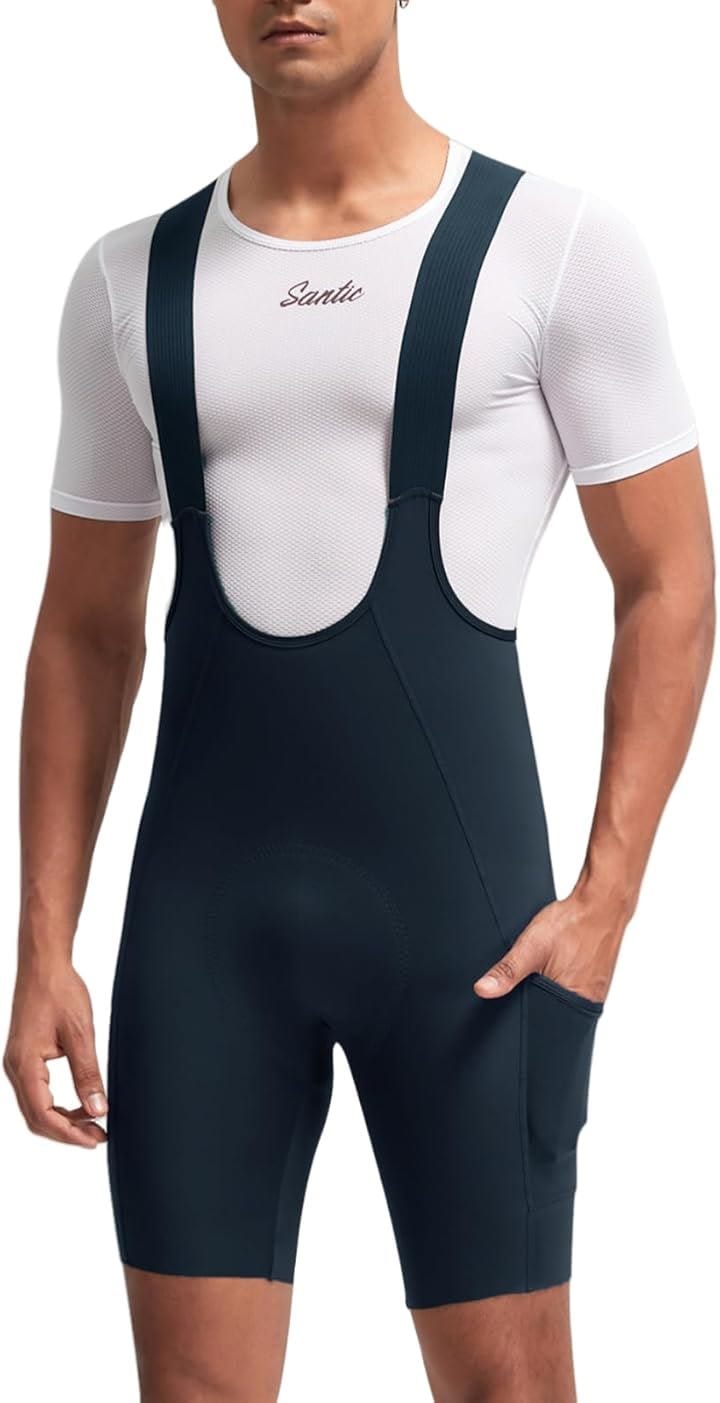 メンズ サイクルパンツ サイクリングビブパンツ ビブショーツ レーサーパンツ 春夏 吸汗 速乾 弾力 パッド付き ポケット ロードバイク 自転車(ネイビー, XL)