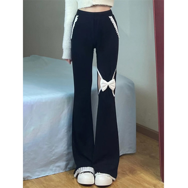 激安セール 上品映え ロングパンツ スラックス フレアパンツ 破れ 春 ハイウエスト 蝶結び スリム カジュアル