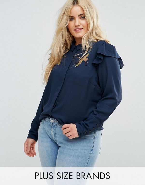 Junarose レディース 大きめサイズ ゆったりサイズ 送料無料 Navy Embroidered Ruffle Shirt