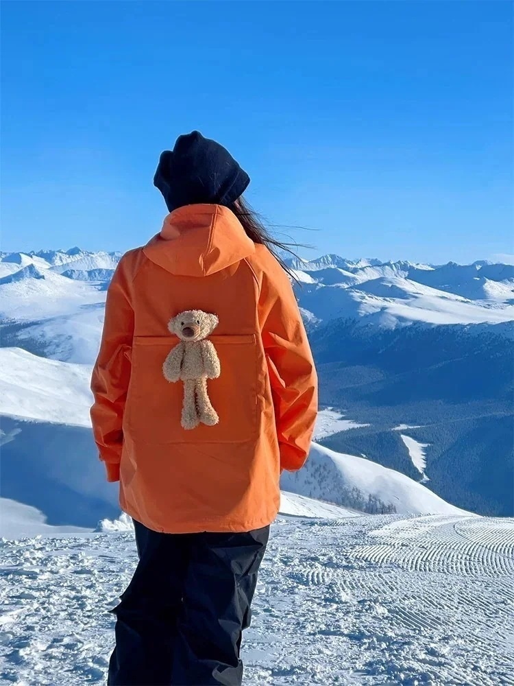 スノーボードウェアトレーナーレディースメンズ防水20000mm熊付きぬいぐるみスキーウェアスノボウェアスノーウェアトップスパーカー男女兼用韓国風防水防寒防雪保温防風通気