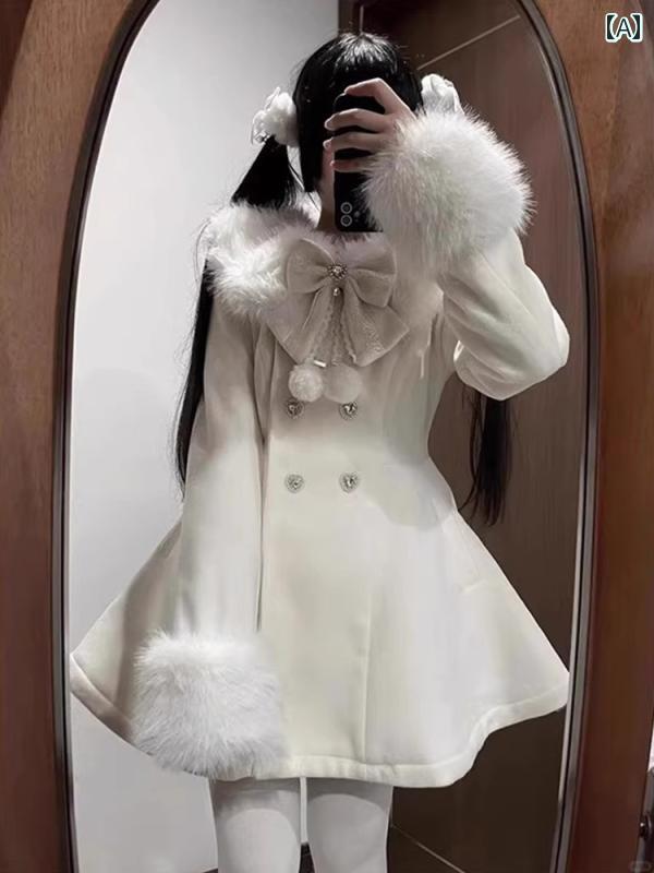 [お勧め商品]レディース ファッション かわいい クリスマス 新 戦闘 衣装 地雷 取り外し 可能 襟 ウール コート 秋冬 リボン コート