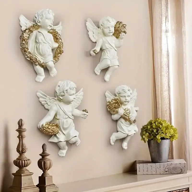 ウォールデコレーション 壁掛けオブジェ 壁掛け インテリア 天使 ホワイト ゴールド 4個セット ヴィンテージ調 アンティーク調 エレガント 樹脂製 リビング 廊下 インテリア クリスマス