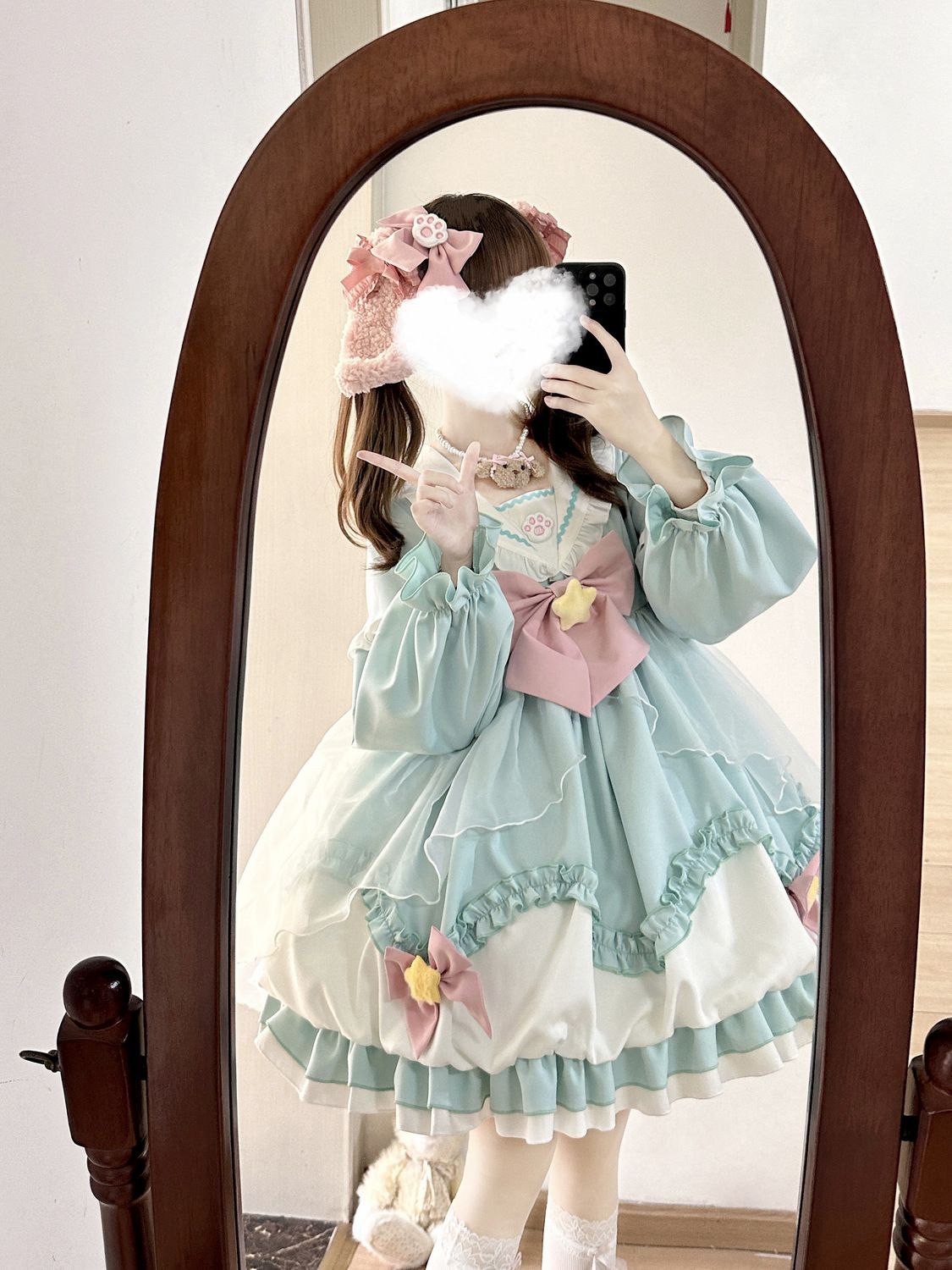 コスプレロリータネイビー カラー op 長袖 花柄 ワンピース 春秋 レディース ドレス 韓国ファッション