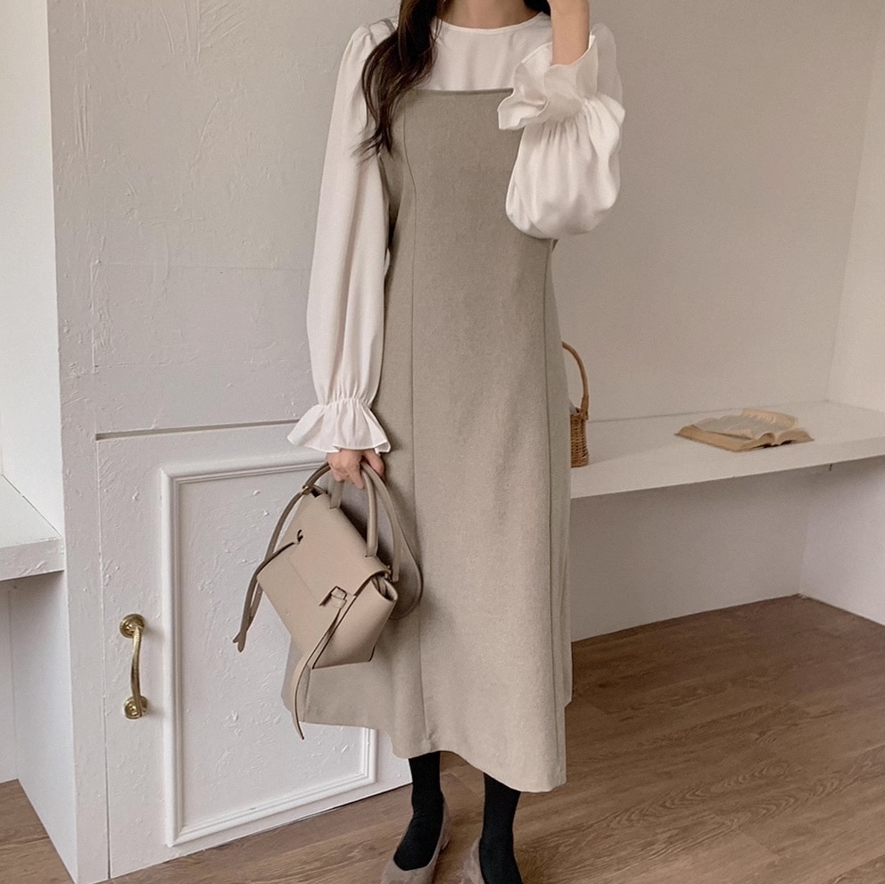 レディース スカート トップス ボトムス シャツ ブラウス セットアップ フレア ジャンパースカート ロング マキシ 長袖 ボリューム袖 フリル袖 Aライン フェミニン リボン ウエストマーク