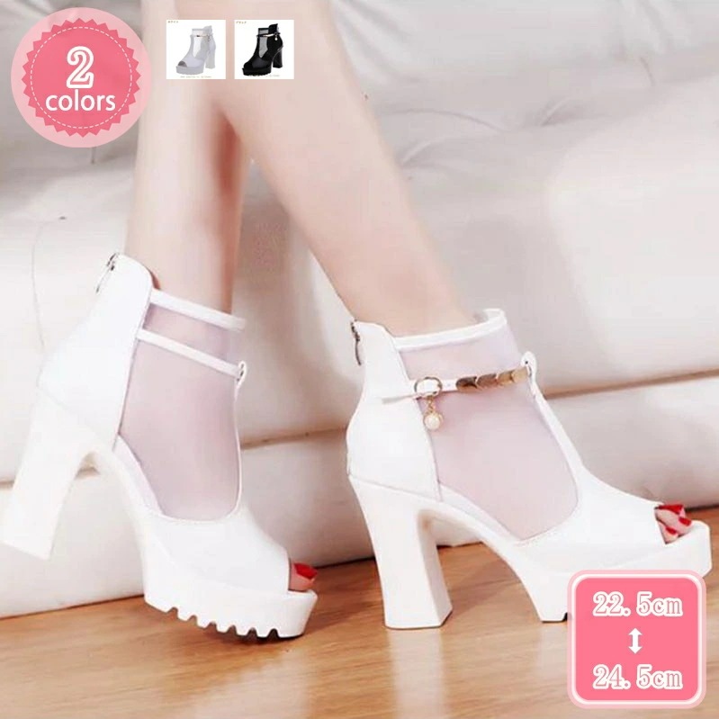 1000円OFFクーポン サマーブーツ ブーツサンダル 太ヒール 歩きやすい レース 透かし 厚底 黒 白 美脚 ブーツ レディース 靴 夏ブーツ オープントゥ ブーティ 透かしメッシュ 安定感 脚長