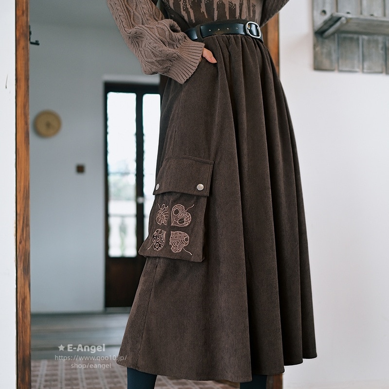 コーデュロイ スカート 秋 冬 ハイウエスト あったか ブラウン ウエストゴム スカート aラインスカート ボトムス 合わせやすい