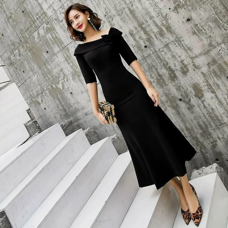 マーメイド ワンピース ワンピドレス レディース 五分袖 スクエアネック リボン ミモレ丈 Aライン スリム 細身 かわいい 大人可愛い 大人かっこいい 大人女子 おしゃれ お洒落 きれいめ 上品 こ