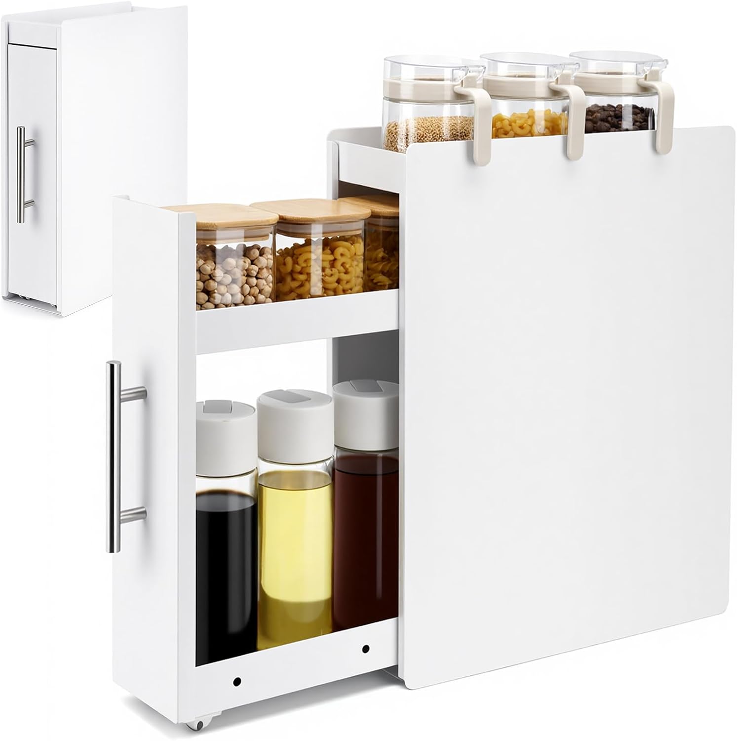 コンロ横収納 スチール製調味料ラック 引き出し式2段 幅11.5×奥行35×高さ46cm マグネット取付可能 ホワイト