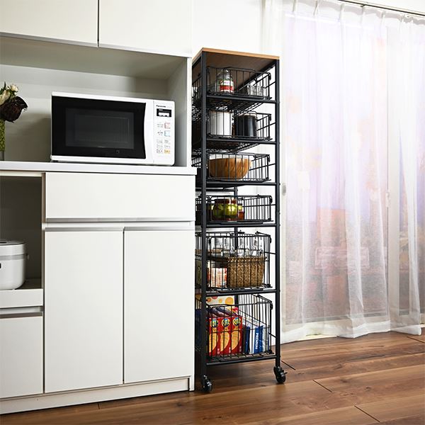 大容量 収納ラック ( バスケット ６段 ) キャスター付き スリム キッチン収納 収納ワゴン 組立式