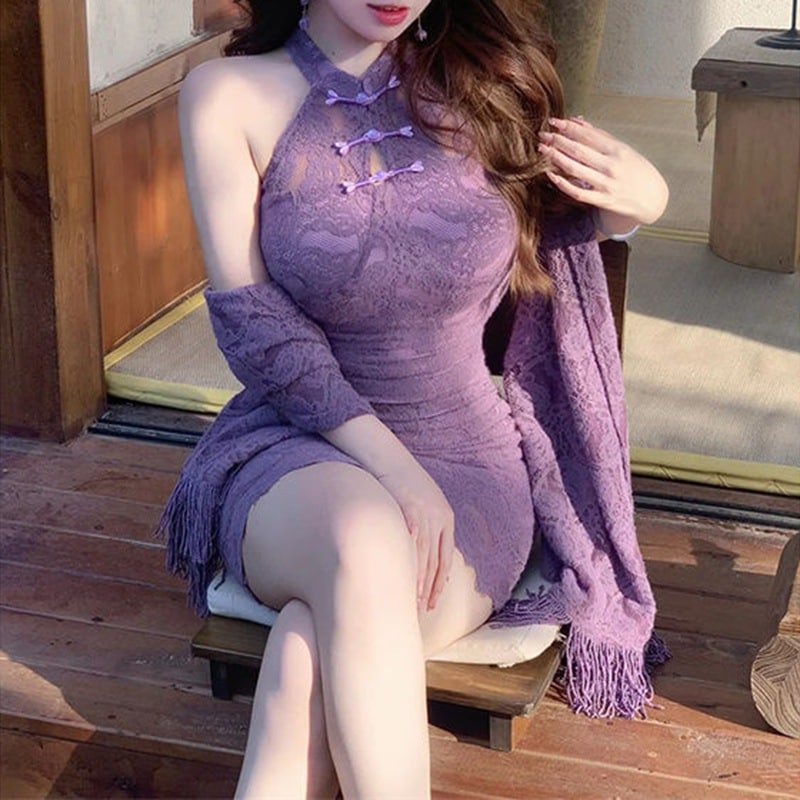 曲線美のあるセクシーなツーピースセットショールカーディガンレースのフィット感のあるホルターネックドレス春/秋スタイル