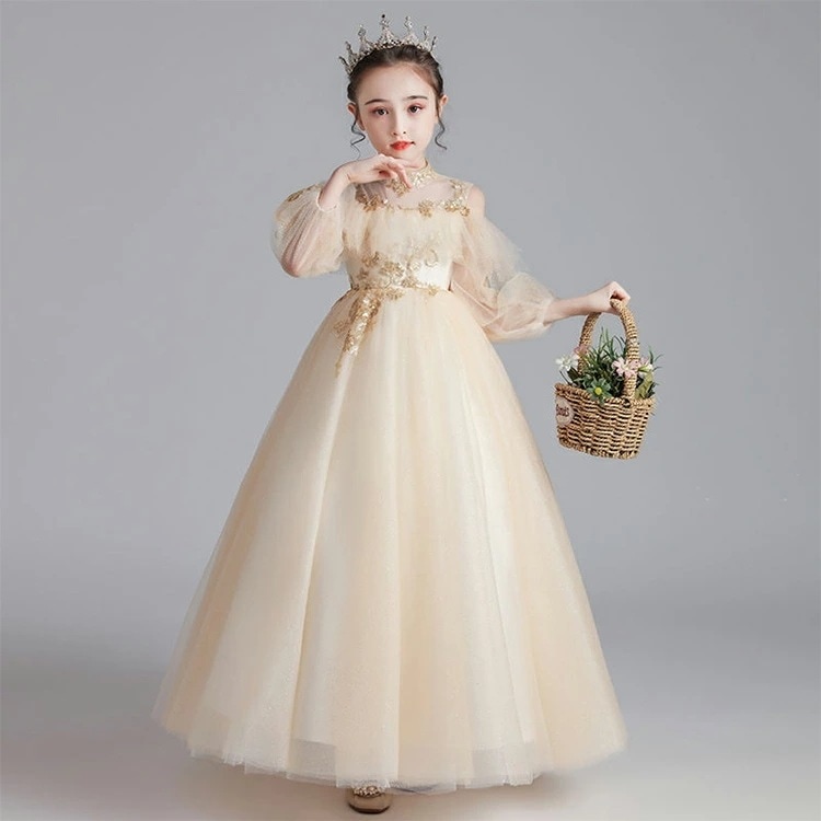 子供ドレス ピアノ発表会 ロングドレス オフショルダー ドレス シャンパン色 160 女児ドレス ハイネック 長袖 パフスリーブ 演奏会ドレス 150 ステージドレス 演出服 キッズドレス 入学式 卒