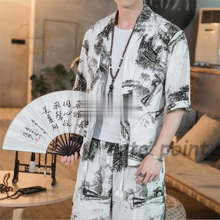 ジャージ セットアップ メンズ 夏 半袖 ジャージ 上下セット 個性 墨絵風 部屋着 薄 男性 カジュアル 中国風 麻綿 サルエルパンツ 通気性 涼しい 5,193円
