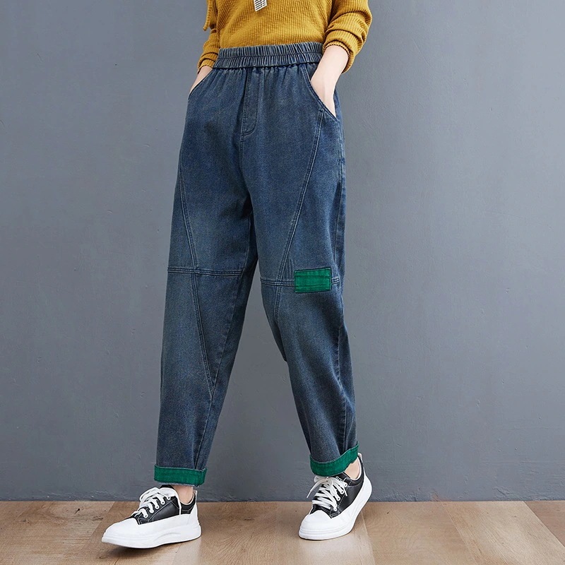 伸縮性のあるウエストデニムハーレムズボン新しいゆるいサイズハーレムパンツスラックスパンツジーパンレディース