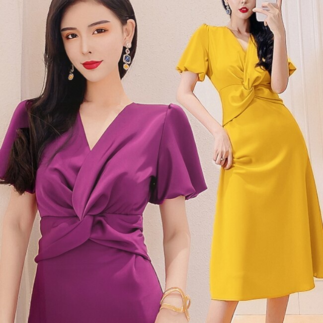 3色 ワンピース 半袖 春 夏 きれいめ カジュアル かわいい ロング フォーマル aライン Aライン フレア ワンピドレス 膝下 ミディアム丈 ミドル丈 ぽわん袖 パフスリーブ バルーンスリーブ V