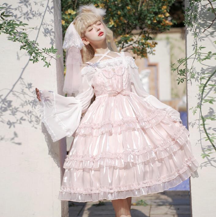 ロリータワンピース お姫様 ワンピース ロリータ服 袖なし キャミソール 膝丈 ティアードドレス 可愛い コスチューム 学園祭 文化祭 イベント衣装 撮影 ロリータドレス グリーン