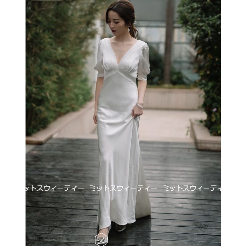 ウエディングドレス ロングドレス 二次会 花嫁 パーティドレス 結婚式 ウェディグドレス 白 サテン リゾート 前撮り スレンダードレス Vネック ガーデンフォト
