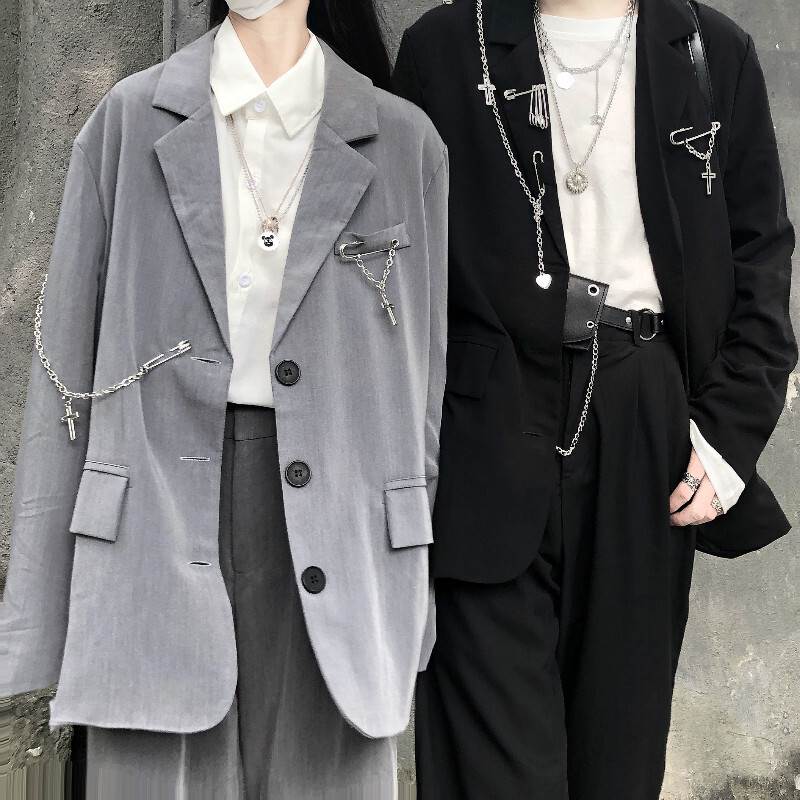 セットアップ レディース スーツ パンツ 上下セット チェーン付き 3点セット グレー ブラック 無地 ボタン 個性的 かっこいい セクシー ジャケット ミドル丈 ワイドパンツ S Ｍ L XL マニ