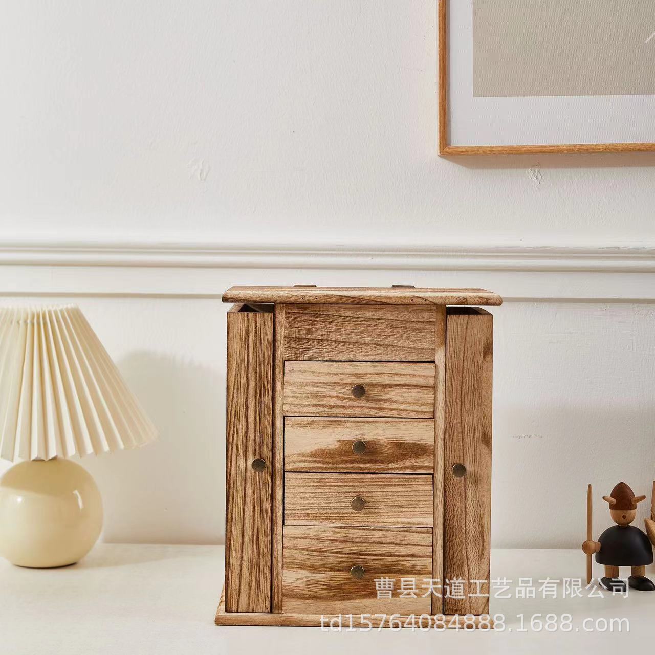 卓上化粧品収納ボックス レトロ調化粧台 防塵引き出し式スキンケア用品 木製化粧箱 蓋付き