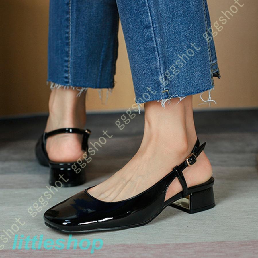 スタイルアップヒールパンプス パンプス 3.5cmヒール ストラップ レディース 靴 スクエアトゥ 美脚 セパレートパンプス バックストラップ 疲れにくい コンフォート ローヒール orange