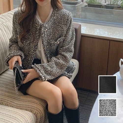 アウター ジャケット 韓国 ファッション レディース 秋 冬 カジュアル コーデ シンプル 定番 セレカジ 20代 30代 40代 2025 ノーカラー クルーネック フリンジ エレガント