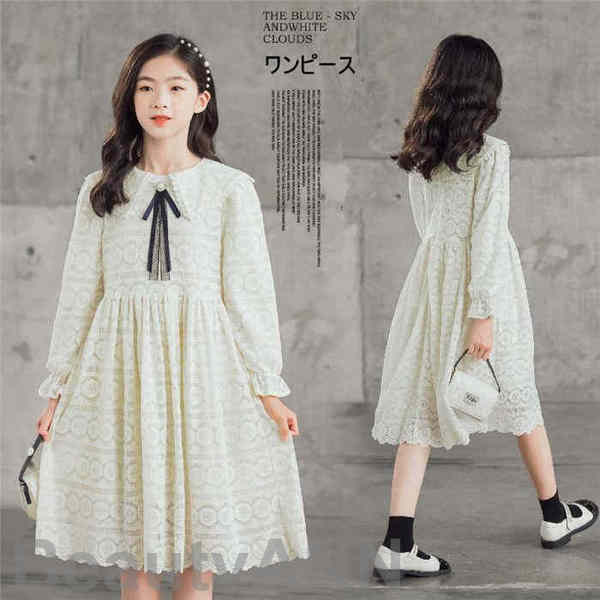 新生活 子供服 ワンピース 長袖 キッズ 韓国子供服 女の子 ホワイト 膝丈ワンピース 長袖ワンピース 春着秋着 こどもの日 通学 旅行 カレッジワンピース 可愛い 発表会 入園式 卒業式 演奏会 1