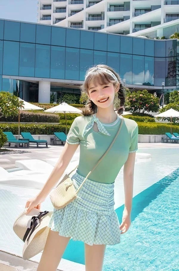 オールインワンセットアップセットアップチェック柄 ス水着 サマー 服みたいな シンプル 着瘦せ ワイヤーなし リゾート プール かわいい 海 透け感あり セクシー 夏 水着 写真映え リボ