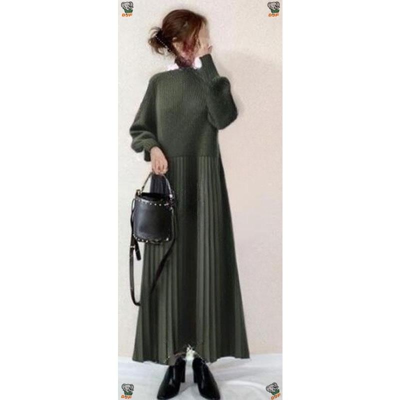 ニットワンピース ロングワンピース マキシ丈 長袖 Aライン 着痩せ プリーツ インナー 体型カバー 可愛い シンプル カジュアル 無地 上品 通勤