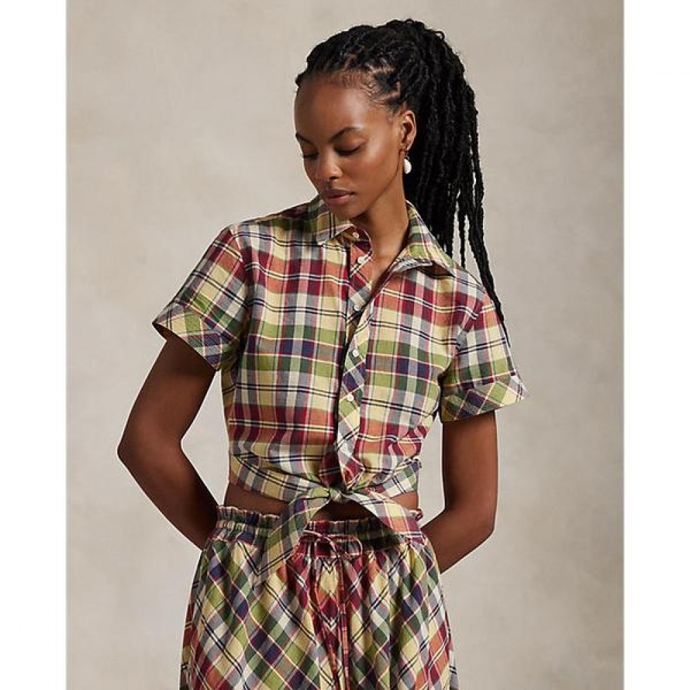 ポロラルフローレンレディースクロップチェック柄コットンネクタイフロントトップ (WMPOSHTNDO20731999)