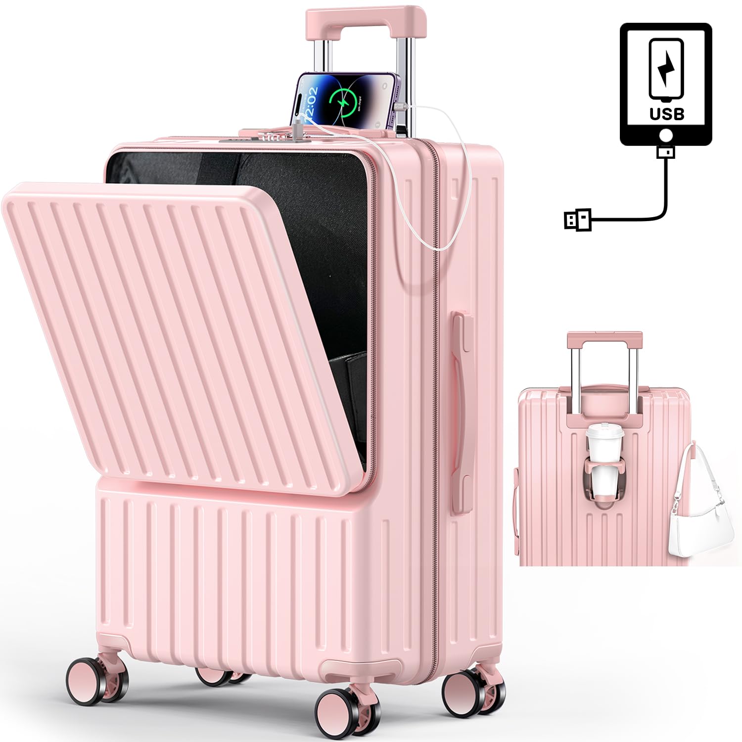 [BARGOHOY] スーツケース フロントオープン 多機能 キャリーケース 軽量 カップホルダー付き 隠しフック機能 キャリーバッグ USBポート付き 耐衝撃 静音 360度回転 TSAローク ファ