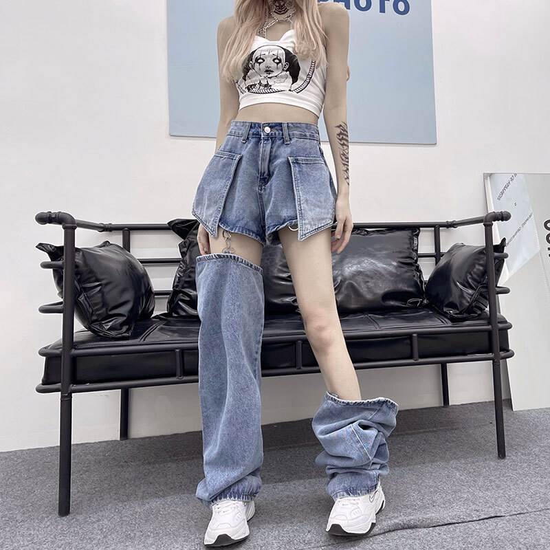 送料無料 新品推奨 パンツ レディース デニム ショートパンツ レッグウォーマー 2way 取り外し可能 個性的 ハイウエスト 青 XS S M L XL 春 夏 秋 おしゃれ 大人可愛い クール か