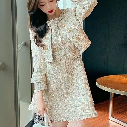 韓国 ファッション 小香風 タンクトップのツーピースのワンピース セットアップ ノースリーブワンピース 入園式 ツイード ジャケットセット