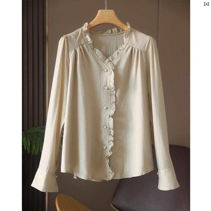 レディース ファッション　オシャレ　カジュアル　かわいい　綺麗 気入りま ! レトロ スタイリッシュ フレンチ Vネック アセテート ホワイト シフォンシャツ トップ
