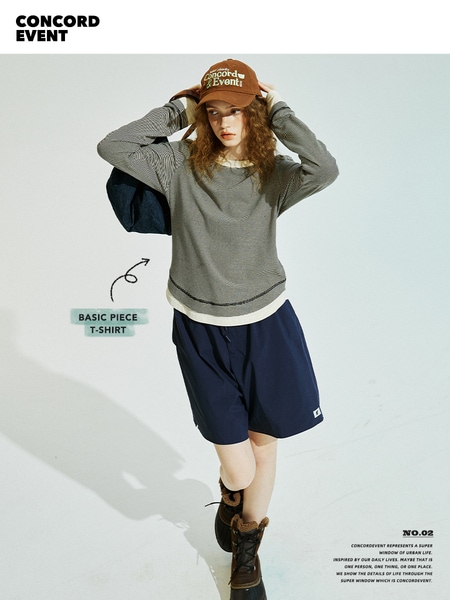 ConE レトロパッチワークスリムフィットトップス長袖Tシャツ