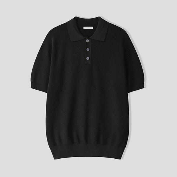 メンズ シンプル ボタン カラーネック 半袖 ニットTシャツ AS-KNH-Q016-ブラック