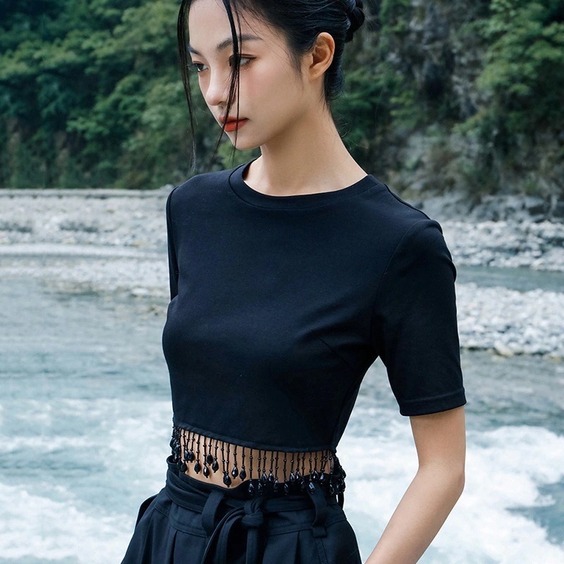 ショート丈トップス レディース 切り替えtシャツ 短いT シャツ カットソー 半袖 夏 黒 ラウンドネック フリンジ セクシートップス 4,802円