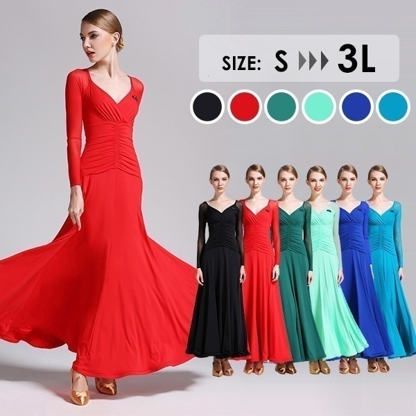 社交ダンス ドレス ワンピース モダンドレス スタンダード モダン ドレス レッスン着 ワルツ 透け感 ワルツ専用ドレス 大きいサイズ 春 夏 秋 冬 長袖 練習着 発表会用 ストレッチ ブラック