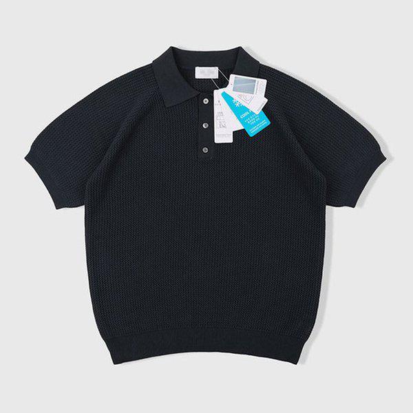 メンズ ピーナッツ カラーネック スカシ 半袖 ニットTシャツ AT-KNH-Q013-ブラック