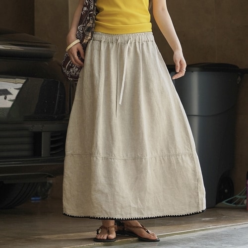 リネンタッチバンディングロングスカート穏やかな質感のディテール