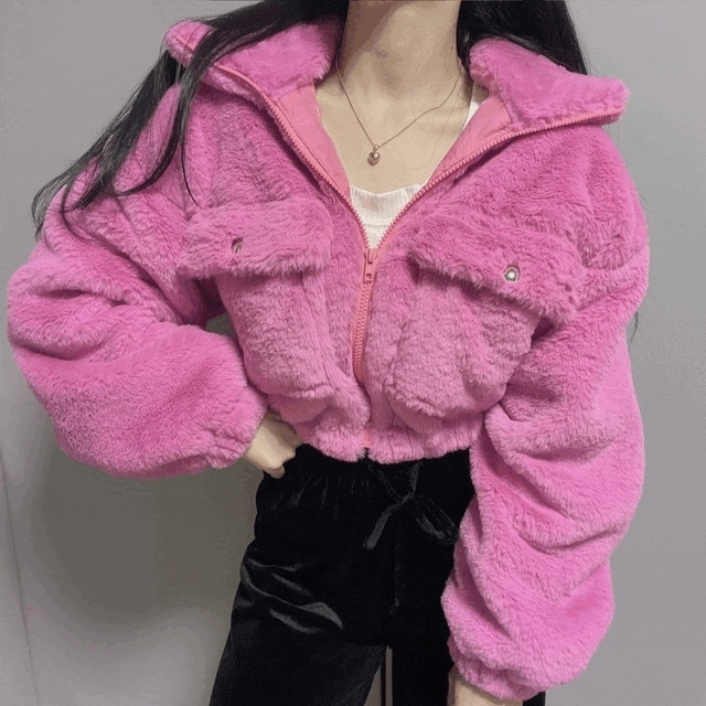 [ふわふわ/ハイクオリティー] 柔らかい フェイクファー クロップ ショート ジャンパー ジャケット(2color)