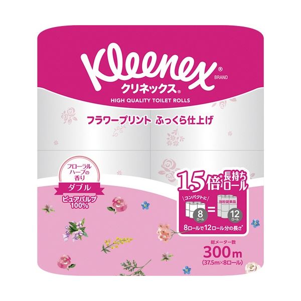 (まとめ) 日本製紙クレシア クリネックス コンパクト フラワープリント ダブル 芯あり 37.5m 香り付き 1パック(8ロール) (×5セット)トイレ用品