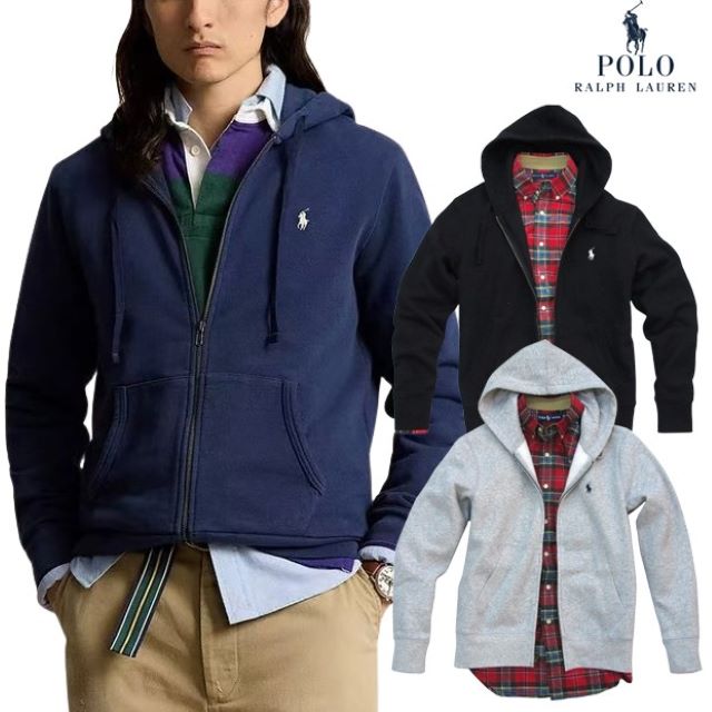 本物保証 ラルフ メンズ 裏起毛（裏フリース地） フルジップ フーデッド パーカー スウェット ポニー ししゅう 3カラー展開