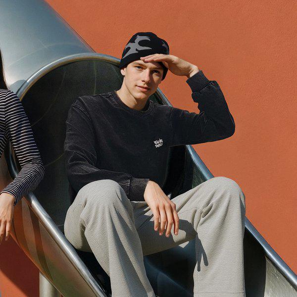 10530-031-607-45-057男性オーバーフィットインディゴウォッシュ長袖Tシャツ(-dj)