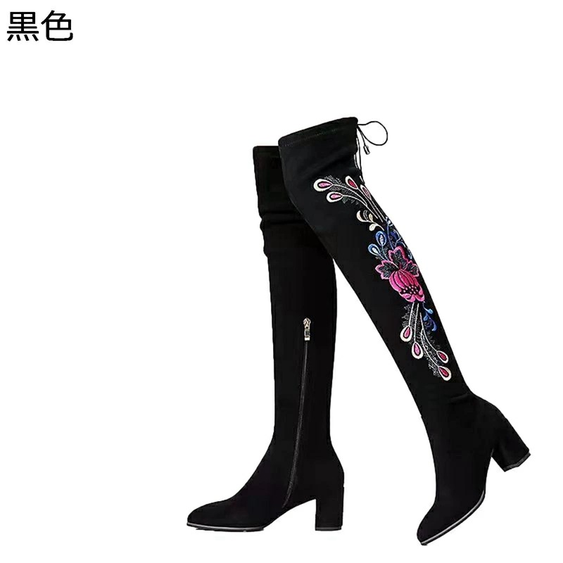 ロングブーツ 花柄刺繍 サイドジッパー スエード 黒 オーバーニーハイブーツ ハイヒール7cm レディースシューズ 秋靴 冬靴 セクシー ストレッチブーツ きれいめ 無地 歩きやすい 履きやすい 細見 5,457円