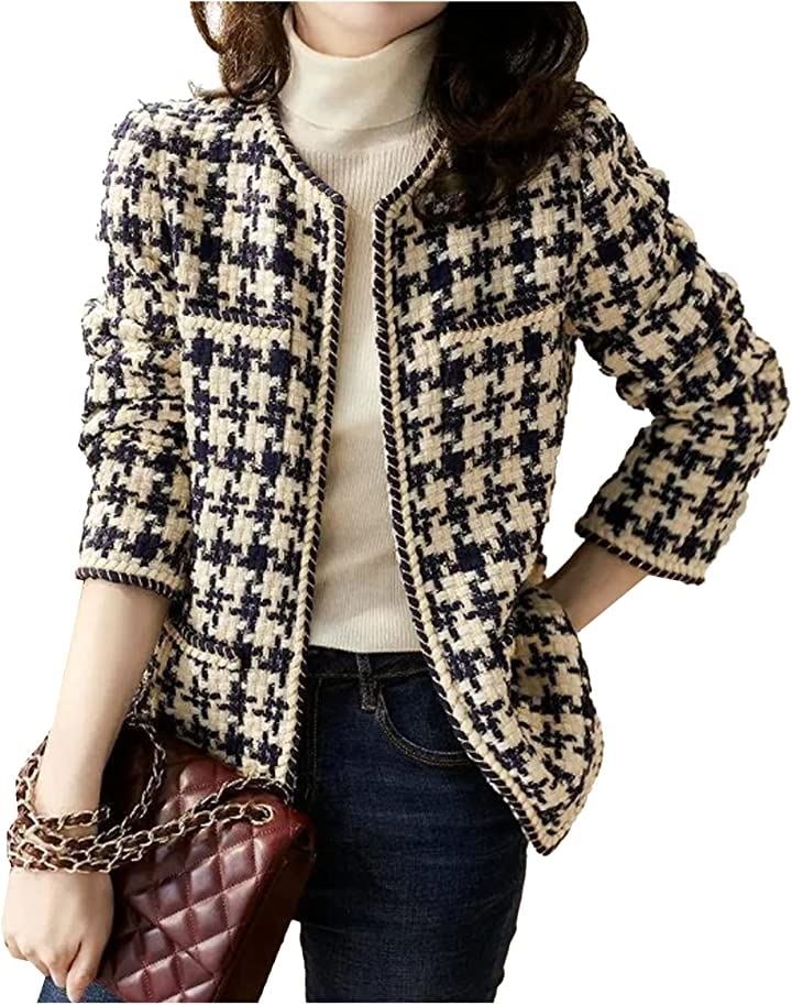 ノーカラージャケット レディース アウター ボレロ 格子柄(ブラック, M)