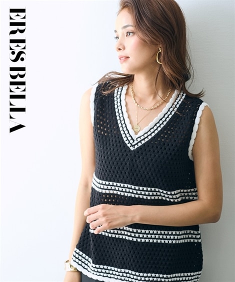 ニット Vネック透かし編みAラインニットベスト ERES BELLA